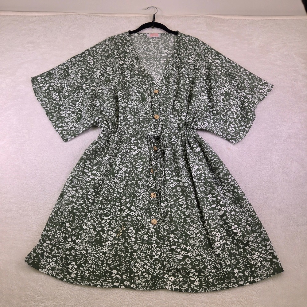 C+D+M Collection Green Floral Button Front Midi Dress Small Kimono Sleeve Boho - Picture 1 of 8